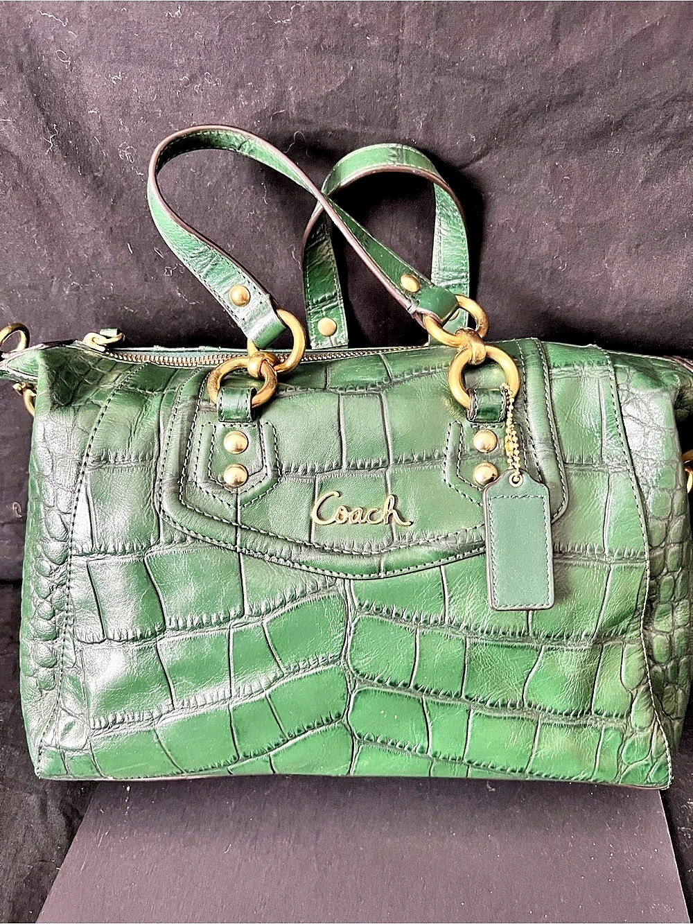 Coach Ashley Croc-Embossed Leather Satchel Green